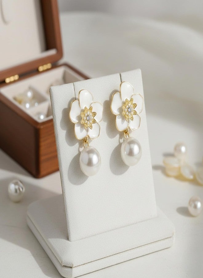 Nextcart Gold Plated Stainless Steel Drop Earrings for Women & Girls - Anti Tarnish, Hypoallergenic Lightweight White Flower Floral Pearl Design - Trendy Korean & Western Modern Statement Jewelry Gift Set (Pair) - Image 2