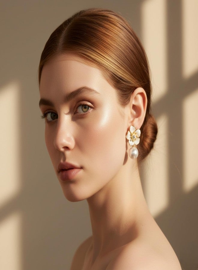 Nextcart Gold Plated Stainless Steel Drop Earrings for Women & Girls - Anti Tarnish, Hypoallergenic Lightweight White Flower Floral Pearl Design - Trendy Korean & Western Modern Statement Jewelry Gift Set (Pair) - Image 5