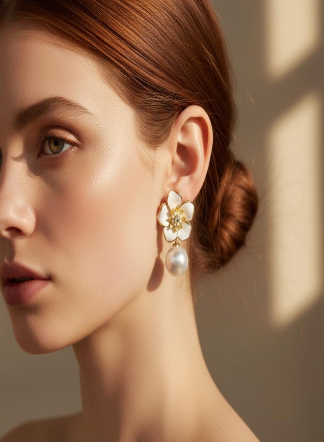 Nextcart Gold Plated Stainless Steel Drop Earrings for Women & Girls - Anti Tarnish, Hypoallergenic Lightweight White Flower Floral Pearl Design - Trendy Korean & Western Modern Statement Jewelry Gift Set (Pair) - Image 3