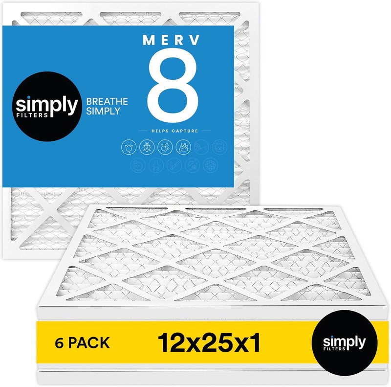 SIMPLY 12x25x1 Air Filter, Merv 8, 6 Pack, For Home AC Furnace & HVAC (Actual Size: 11.75"x24.75"x0.75") DUST, Pet, & Allergy Control - Image 1