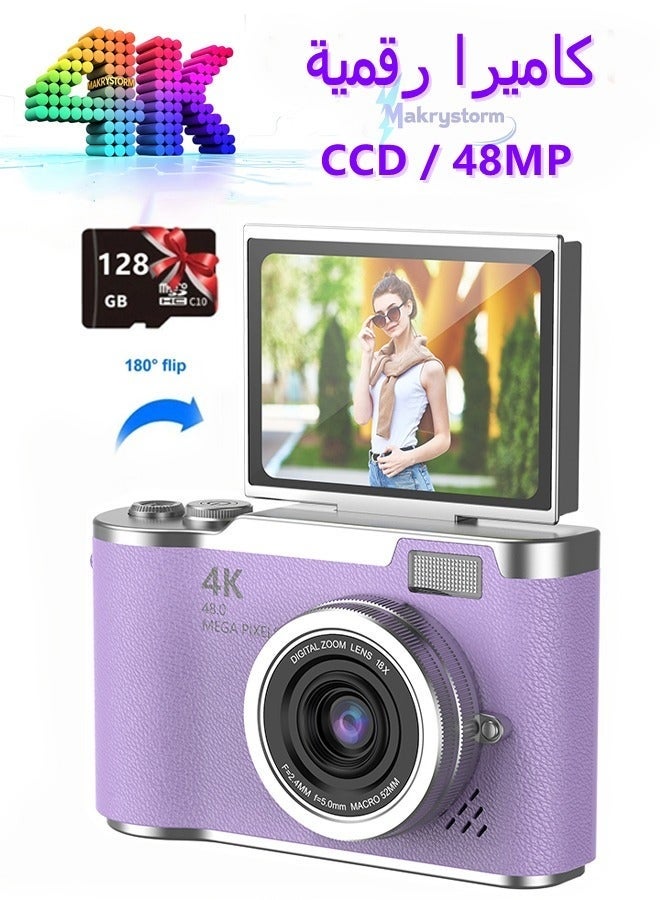 4k CCD Digital Zoom Student Digital Camera 48MP Portable Digital Photography Camera 180° Flip Screen Selfie Camera,with 128GB SD card