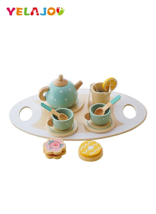 YelaJoy Toy Tea Set, Wooden Pretend Play Tea Party Set, Tea Time Toy Set, Role Play Toy Kitchen Accessories, Dessert Food Playset Interactive Simulation Teacup Toy for Toddlers Kids  - Image 1