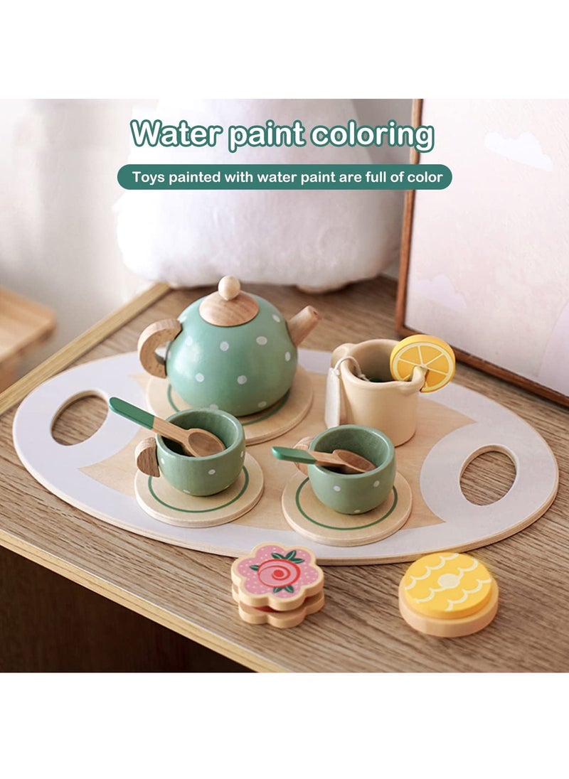 YelaJoy Toy Tea Set, Wooden Pretend Play Tea Party Set, Tea Time Toy Set, Role Play Toy Kitchen Accessories, Dessert Food Playset Interactive Simulation Teacup Toy for Toddlers Kids  - Image 5