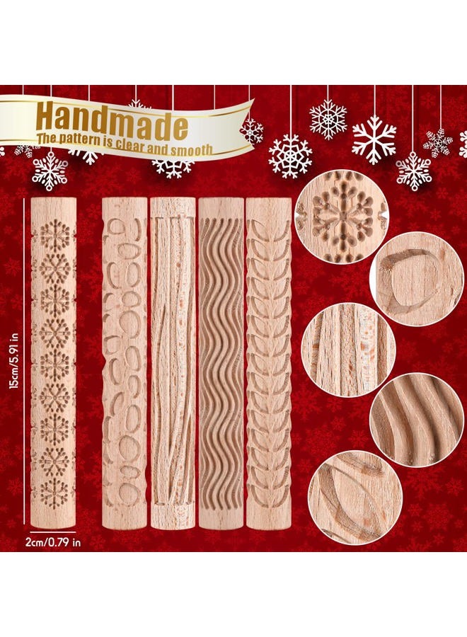 Yookeer 5 Pieces Christmas Pottery Tools Handmade Clay Roller Set Wooden Handle Clay Texture Roller Slab Roller Leaves Snowflake Pattern 5.9 Inch Clay Textured Rolling Pins for Ceramics - Image 2