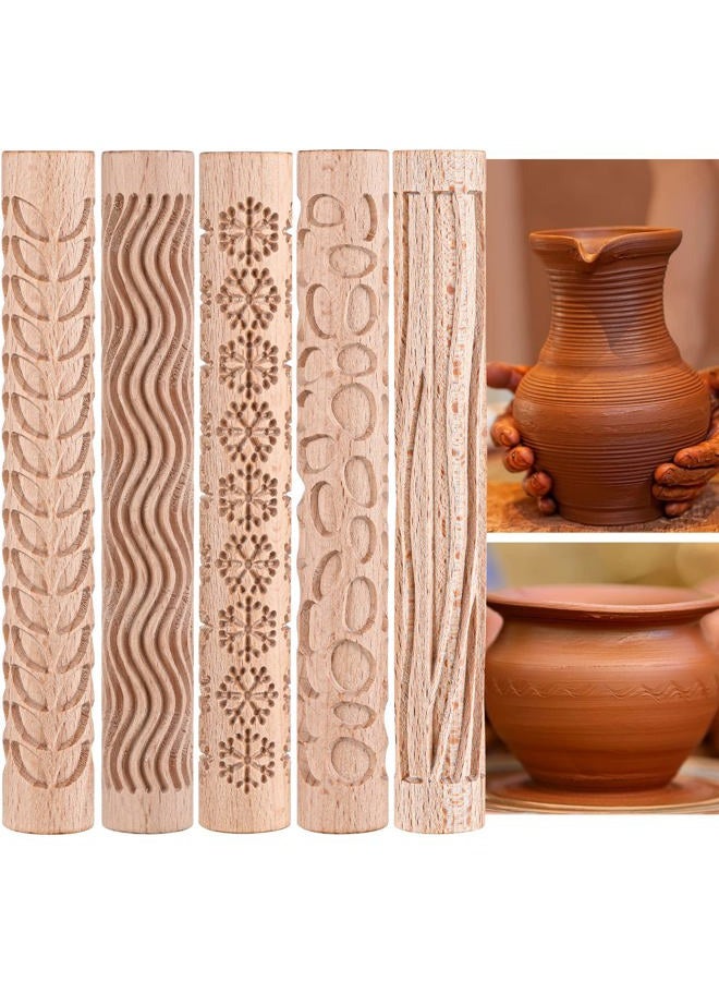 Yookeer 5 Pieces Christmas Pottery Tools Handmade Clay Roller Set Wooden Handle Clay Texture Roller Slab Roller Leaves Snowflake Pattern 5.9 Inch Clay Textured Rolling Pins for Ceramics - Image 1