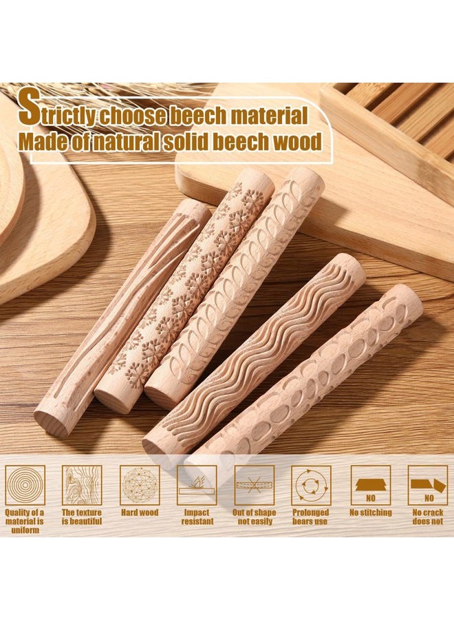 Yookeer 5 Pieces Christmas Pottery Tools Handmade Clay Roller Set Wooden Handle Clay Texture Roller Slab Roller Leaves Snowflake Pattern 5.9 Inch Clay Textured Rolling Pins for Ceramics - Image 3