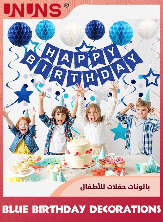 UNUNS Blue Birthday Decorations,Navy Blue Happy Birthday Banner With Honeycomb Ball,Star Hanging Swirl Streamer,Circle Dot Garland,Birthday Party Supplies For Men Boys Women Girls,Simple Decorations - Image 3