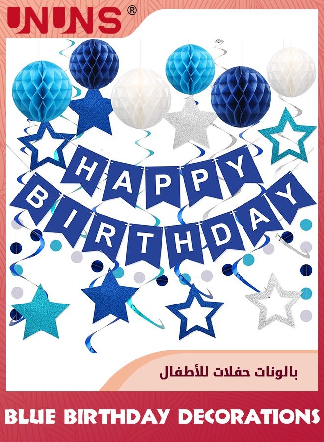 UNUNS Blue Birthday Decorations,Navy Blue Happy Birthday Banner With Honeycomb Ball,Star Hanging Swirl Streamer,Circle Dot Garland,Birthday Party Supplies For Men Boys Women Girls,Simple Decorations - Image 1