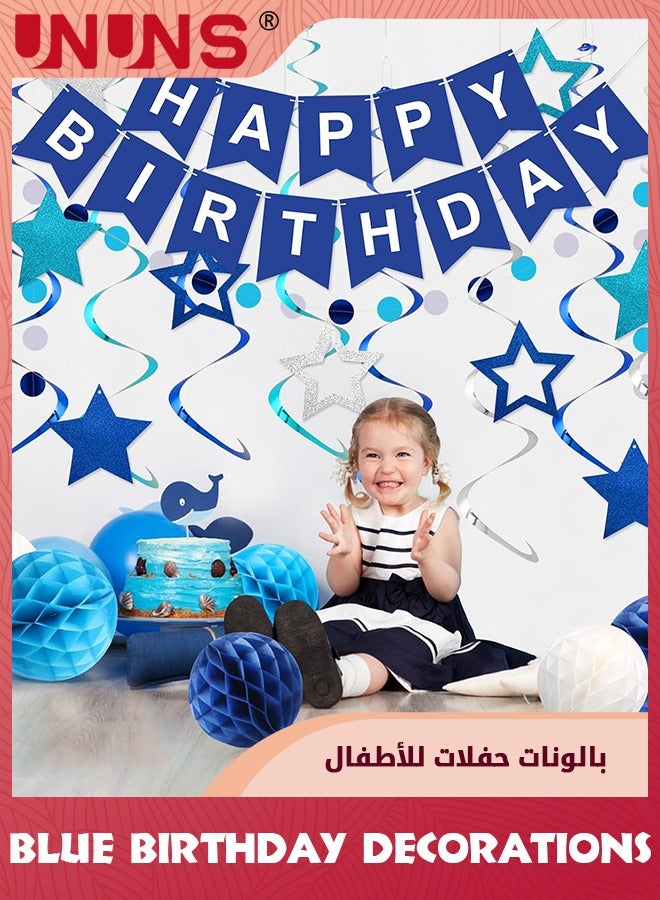 UNUNS Blue Birthday Decorations,Navy Blue Happy Birthday Banner With Honeycomb Ball,Star Hanging Swirl Streamer,Circle Dot Garland,Birthday Party Supplies For Men Boys Women Girls,Simple Decorations - Image 5