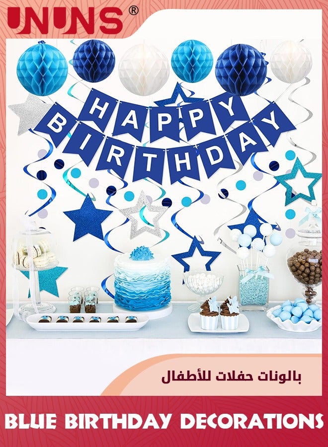 UNUNS Blue Birthday Decorations,Navy Blue Happy Birthday Banner With Honeycomb Ball,Star Hanging Swirl Streamer,Circle Dot Garland,Birthday Party Supplies For Men Boys Women Girls,Simple Decorations - Image 2