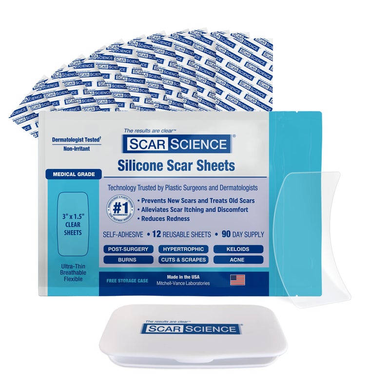 ScarScience Advanced Medical Grade Silicone Scar Patches, 12 Reusable 3" Water-Resistant Silicone Scar Strips for Newly Healed Wounds and Older Scars - Breathable Silicone Gel Sheets for Scars w/Case - Image 1