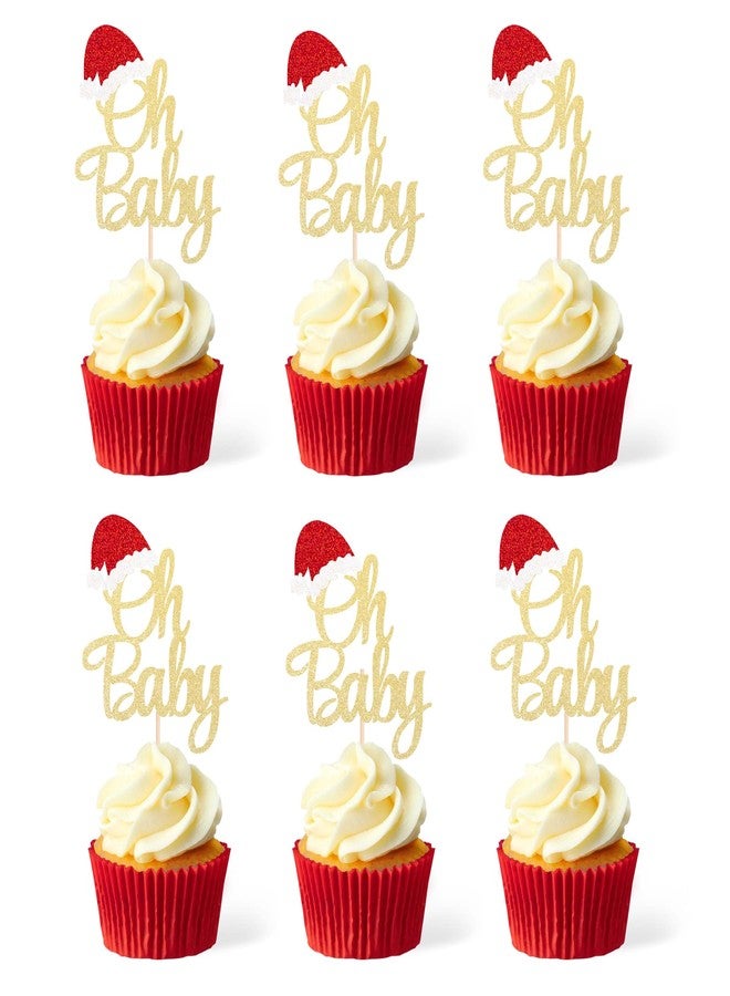 Gexolenu 24 Pcs Christmas Oh Baby Cupcake Toppers, Double-Sided Glitter Red Santa Hat Picks for Christmas Theme Baby Shower, Kids Birthday Party Cake Decorations Supplies - Image 1