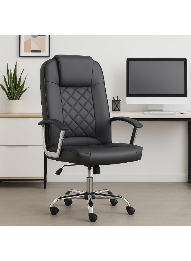 KARNAK Ergonomic Executive Office Chair with High Backrest â€“ PU Leather Swivel Chair with Chrome Base, Armrests & Diamond-Stitch Design â€“ Adjustable Height Computer Desk Chair for Home & Office Use (Black) 8923 - Image 4