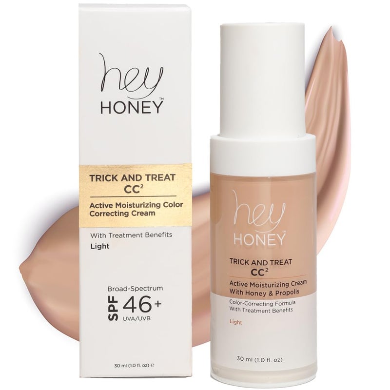Hey Honey Trick and Treat CC Cream SPF 46  Active Moisturizing Color Correcting Cream with Honey  Propolis  Best Cover For Rosacea Skin Redness  Mature Skin  CrueltyFree  1 oz Light Tone