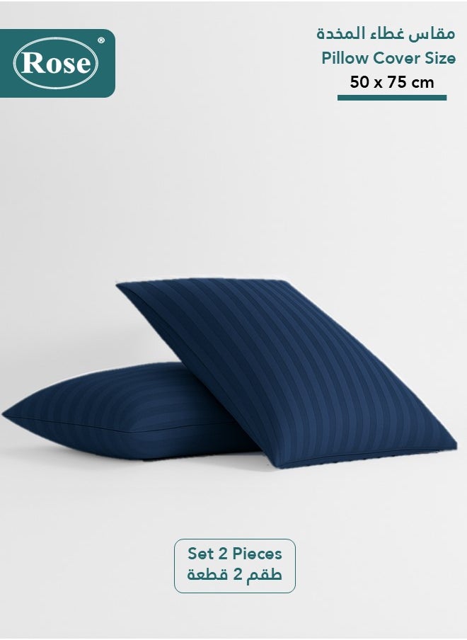 Rose Rose Luxurious Stripe Pillow Covers Set with Envelop Closure Design, Pillowcases 2-Pieces Set, Soft & Cozy Microfiber Breathable and Cooling, Standard Size 50×75 cm, Dark Blue  - Image 1