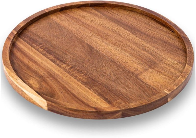 Rustic Round Tray 35cm Solid Natural Wood High Capacity - Effortless Cleanup Wooden Serving Tray for Family Dinners Holiday Feasts Party Spreads - Image 1