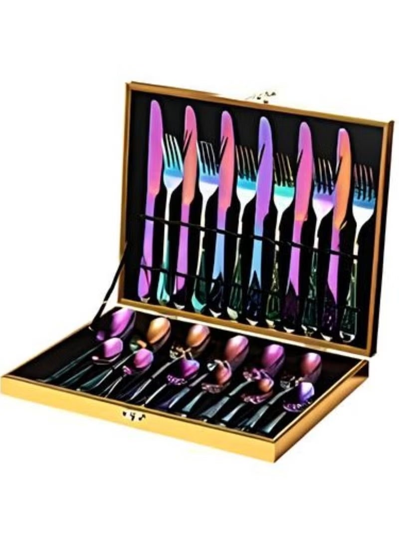 Huitich 24 Pcs Stainless Steel Rainbow Cutlery Set | Reusable Spoon Fork & Knife Set for Indoor & Outdoor Use - Image 1