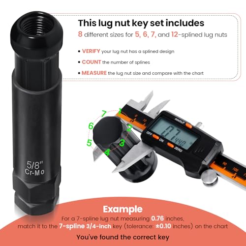 REBRA 6 Spline & 7 Spline Lug Nut Socket Set, Drive Wheel Lock Key, Locking Nut Removal Tool for Easy Installation on Aftermarket Rims (8-Pieces) - Image 2