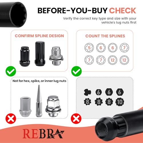 REBRA 6 Spline & 7 Spline Lug Nut Socket Set, Drive Wheel Lock Key, Locking Nut Removal Tool for Easy Installation on Aftermarket Rims (8-Pieces) - Image 3