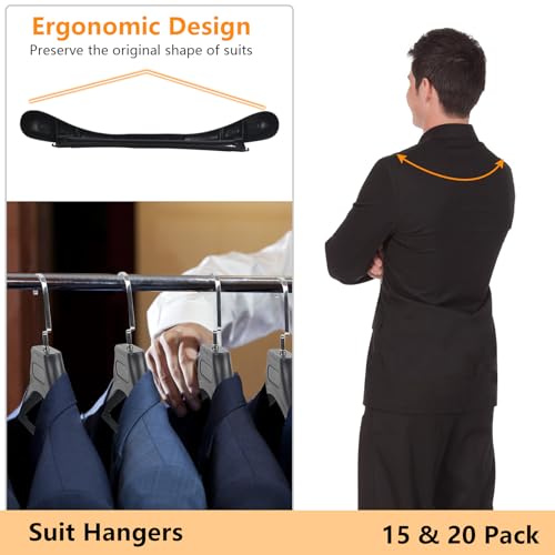 DEDU Suit Hangers for Men 10 Pack Width 17.7", Black Coat Hangers no Shoulder Bump Non Slip for Thick Sweaters, Plastic Extra Wide Shoulder with Pants Bar & Metal Hook - Image 4