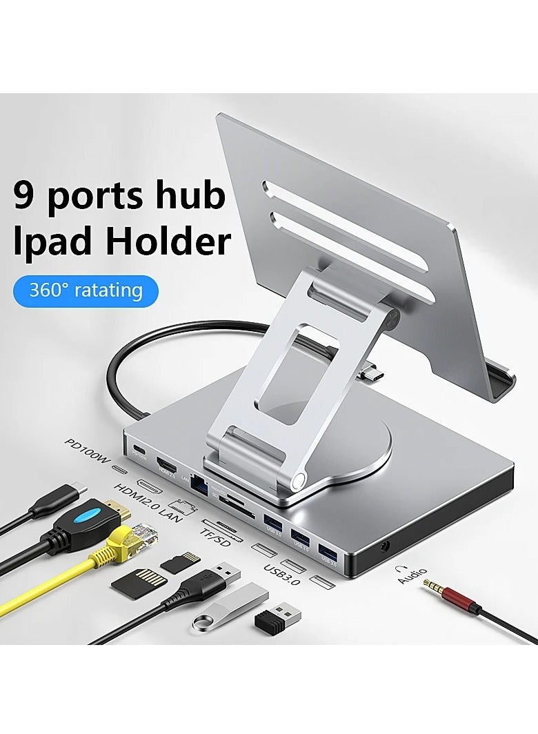 General Tablet Swivel Bracket Type-C Docking Station 4K/60Hz Gigabit Ethernet Port USB3.0 Splitter Hub Converter, Swivel Swivel Tablet Bracket 9-in-1 (All-in-One Cable)  - Image 2