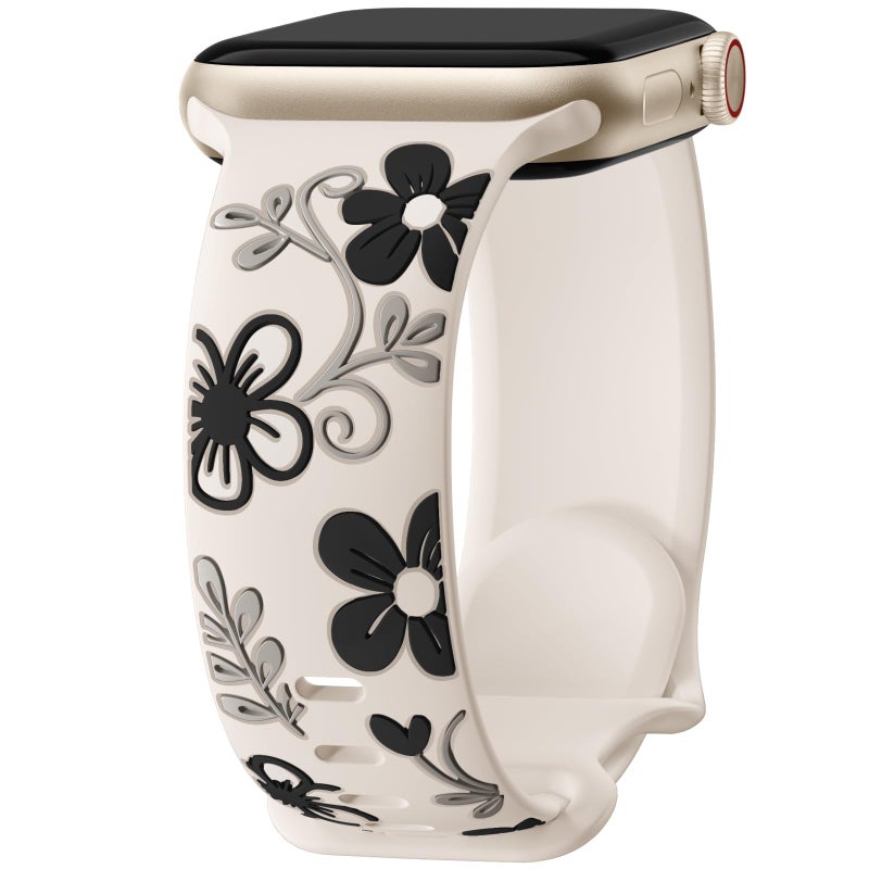 Witzon Cute Floral Band Compatible with Apple Watch Bands For Women 42mm 41mm 40mm 38mm 44mm 45mm 46mm 49mm, Engraved Flower Soft Silicone Inlay Strap for iWatch Series 11 10 9 8 7 6 5 4 3 2 SE Ultra - Image 1