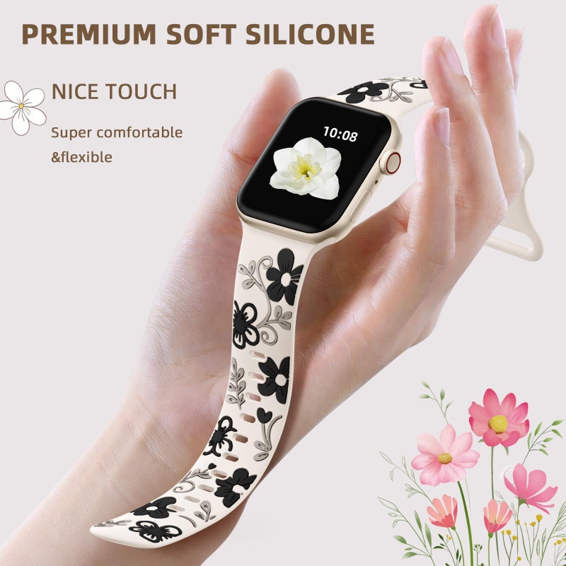 Witzon Cute Floral Band Compatible with Apple Watch Bands For Women 42mm 41mm 40mm 38mm 44mm 45mm 46mm 49mm, Engraved Flower Soft Silicone Inlay Strap for iWatch Series 11 10 9 8 7 6 5 4 3 2 SE Ultra - Image 3