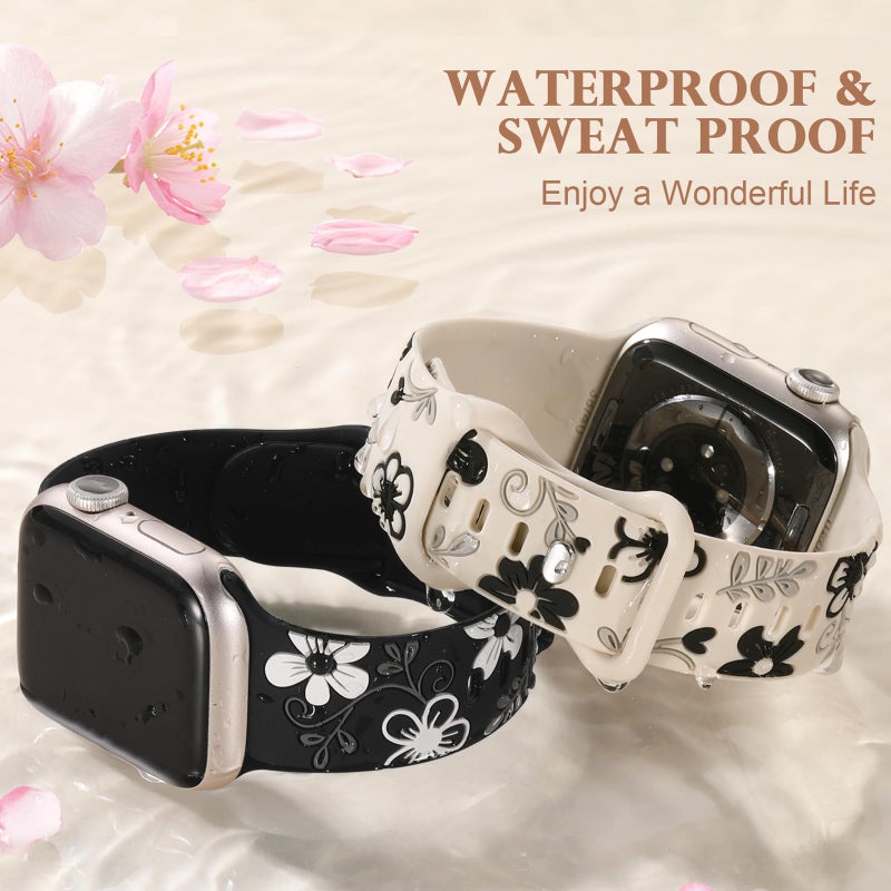 Witzon Cute Floral Band Compatible with Apple Watch Bands For Women 42mm 41mm 40mm 38mm 44mm 45mm 46mm 49mm, Engraved Flower Soft Silicone Inlay Strap for iWatch Series 11 10 9 8 7 6 5 4 3 2 SE Ultra - Image 4
