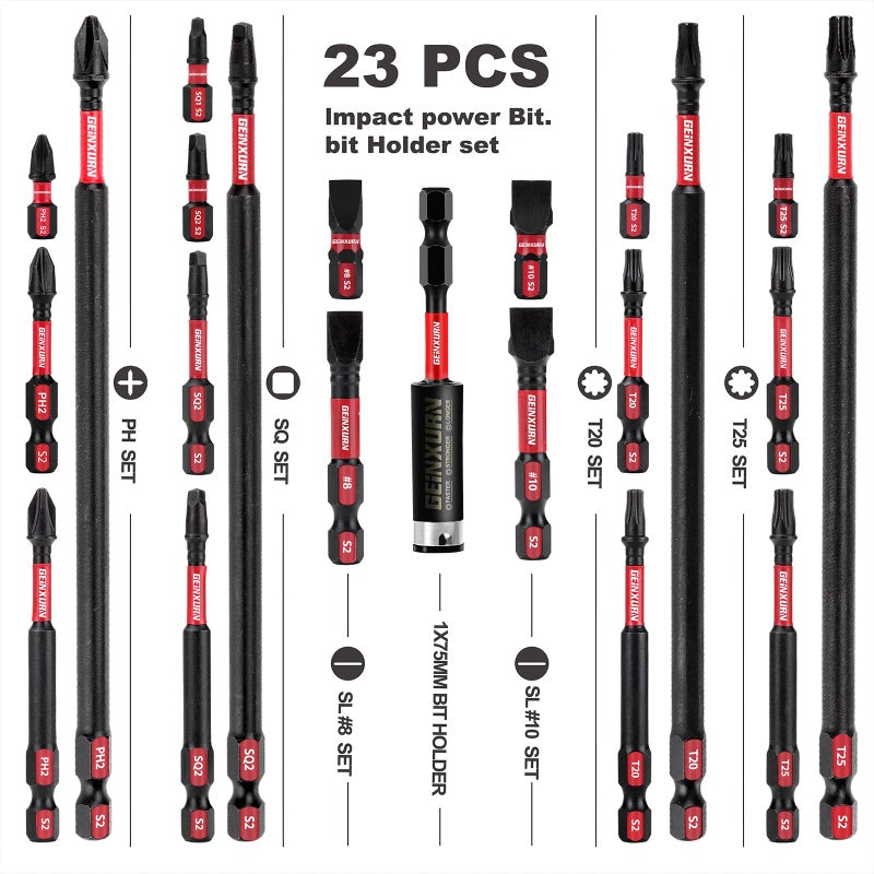 GEINXURN Impact Tough Magnetic Mixed 23Pack Insert Driver Bits, S2 Alloy Steel Screwdriver Power Bits Set with 1Pcs Impact Magnetic Bit Holder - Image 2
