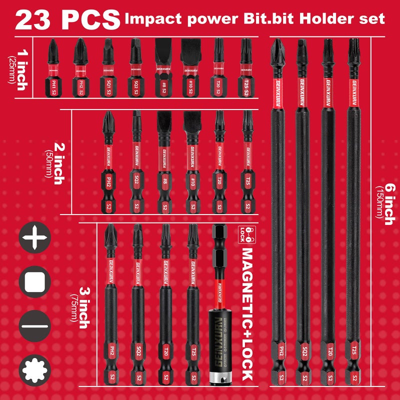 GEINXURN Impact Tough Magnetic Mixed 23Pack Insert Driver Bits, S2 Alloy Steel Screwdriver Power Bits Set with 1Pcs Impact Magnetic Bit Holder - Image 4
