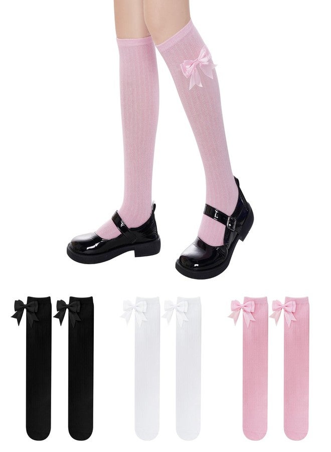 phnydreg 3 Packs Girls Bow Knee High Socks 4 to 12 Year School Uniform Dress Socks (US, Age, 7 Years, 12 Years, 3, pink, white, black) - Image 1