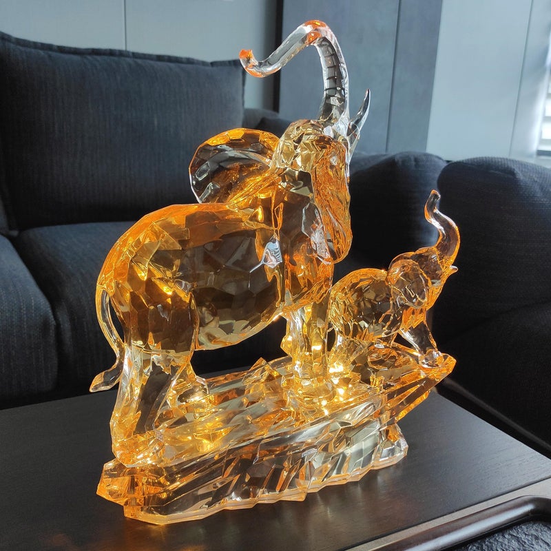 HOZUSO Acrylic Elephant Statue Mother and Baby African Elephant Figurine with Trunk Up Lucky Feng Shui Collectible Figurines Home Decor Gifts for Mom 13.87'' High - Image 2