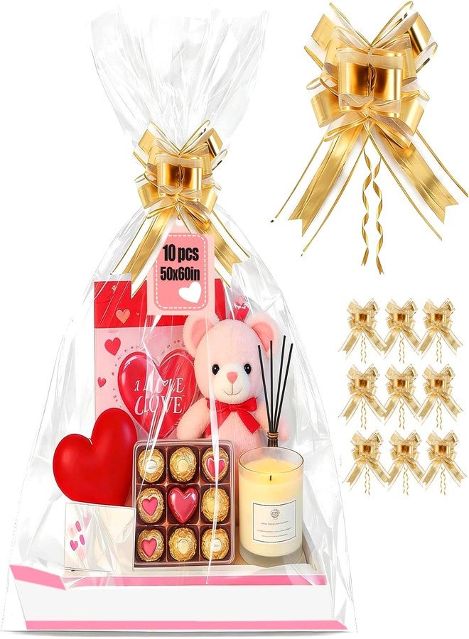 SOMIOCO 10pcs Extra Large Cellophane Bags 50x60in with 10pcs Large Gold Bows For Gift Baskets, Jumbo Big Clear Cellophane Wrap for Basket, OPP Plastic Basket Gift Bags for Christmas, Weddings, Bridal,Baby Showers - Image 1