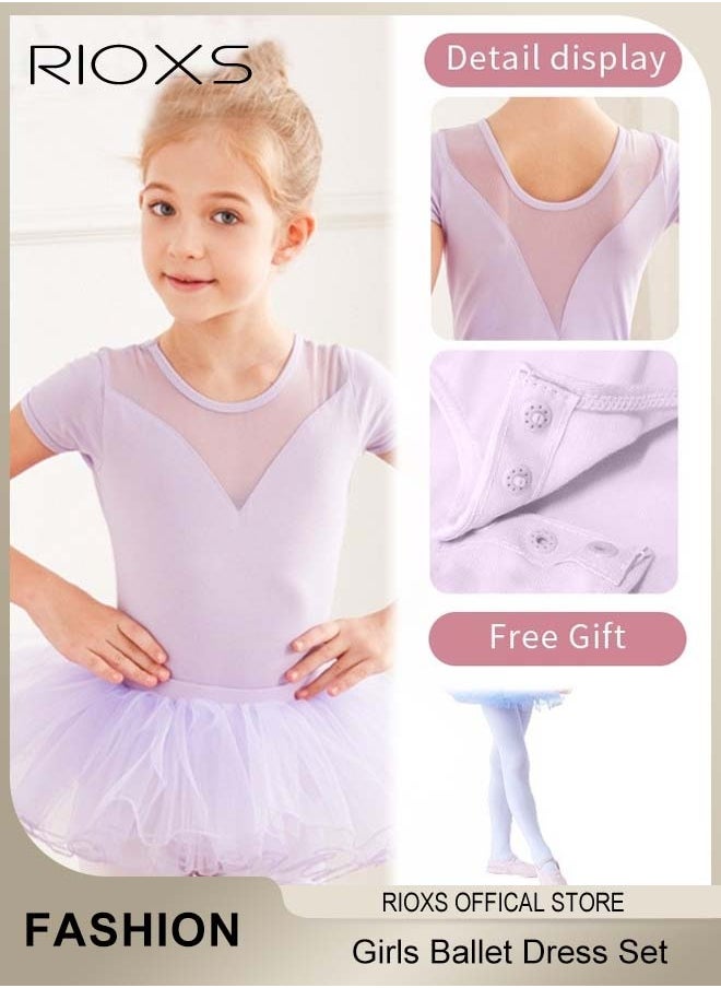 RIOXS Girls' Ballet Dress With Tights, Kids Girls Tutu Dress, Tutu Slim Dance Leotards Dress For Girls, Short Sleeve Dress With Ballet Dance Footed Tights, Professional Footed Ballet Tights for Toddler Kids Girls, Ballet Dance Tights Footed Ballet Legging Stockings For Students Practice, Purple Ballerina Outfit  - Image 1