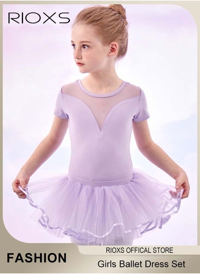 RIOXS Girls' Ballet Dress With Tights, Kids Girls Tutu Dress, Tutu Slim Dance Leotards Dress For Girls, Short Sleeve Dress With Ballet Dance Footed Tights, Professional Footed Ballet Tights for Toddler Kids Girls, Ballet Dance Tights Footed Ballet Legging Stockings For Students Practice, Purple Ballerina Outfit  - Image 2