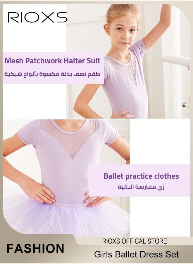 RIOXS Girls' Ballet Dress With Tights, Kids Girls Tutu Dress, Tutu Slim Dance Leotards Dress For Girls, Short Sleeve Dress With Ballet Dance Footed Tights, Professional Footed Ballet Tights for Toddler Kids Girls, Ballet Dance Tights Footed Ballet Legging Stockings For Students Practice, Purple Ballerina Outfit  - Image 3