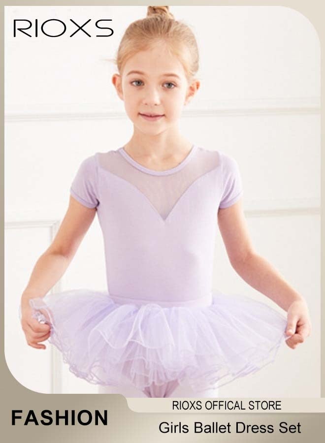 RIOXS Girls' Ballet Dress With Tights, Kids Girls Tutu Dress, Tutu Slim Dance Leotards Dress For Girls, Short Sleeve Dress With Ballet Dance Footed Tights, Professional Footed Ballet Tights for Toddler Kids Girls, Ballet Dance Tights Footed Ballet Legging Stockings For Students Practice, Purple Ballerina Outfit - Image 1