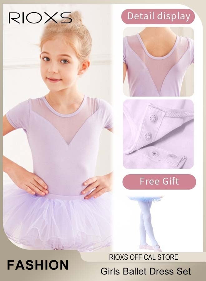 RIOXS Girls' Ballet Dress With Tights, Kids Girls Tutu Dress, Tutu Slim Dance Leotards Dress For Girls, Short Sleeve Dress With Ballet Dance Footed Tights, Professional Footed Ballet Tights for Toddler Kids Girls, Ballet Dance Tights Footed Ballet Legging Stockings For Students Practice, Purple Ballerina Outfit - Image 3