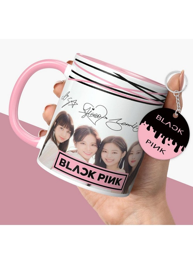 NH10 DESIGNS NH10 DESIGNS Black Pink Mug Blackpink Signature Mug with Keychain Gift for Girls Boys Hd Printed Microwave Safe Three Tone Light Pink Ceramic Coffee Mug (350 ml)(3TONEBLKPNKMK-38) Pack of 2 - Image 1