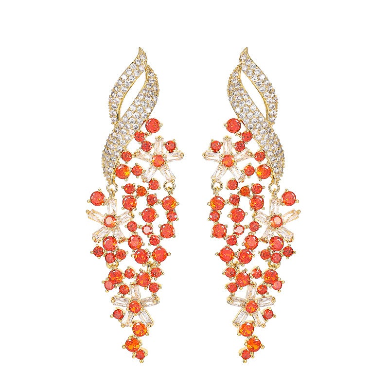 Jucoicu Flower Cubic Zirconia Earrings for Womenï¼ŒDangle Drop Earring (Orange) - Image 1
