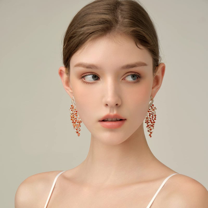Jucoicu Flower Cubic Zirconia Earrings for Womenï¼ŒDangle Drop Earring (Orange) - Image 4