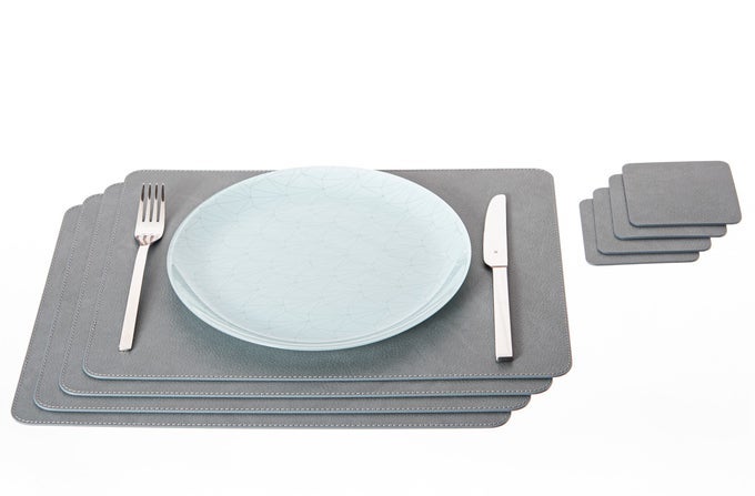 SET OF 4 PLACEMATS AND 4 COASTERS MADE OF RECYCLED LEATHER 18X13 DIRTY GREY