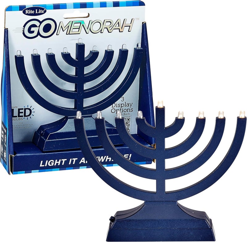 Rite Lite Go Menorah Mini Metallic Electric Menorah - LED Battery/USB Powered Chanukah Menorah Jewish Holiday - Office Car Home Decorations Judaica Hanukkah Gifts, Push Button Multi Light - Blue - Image 1