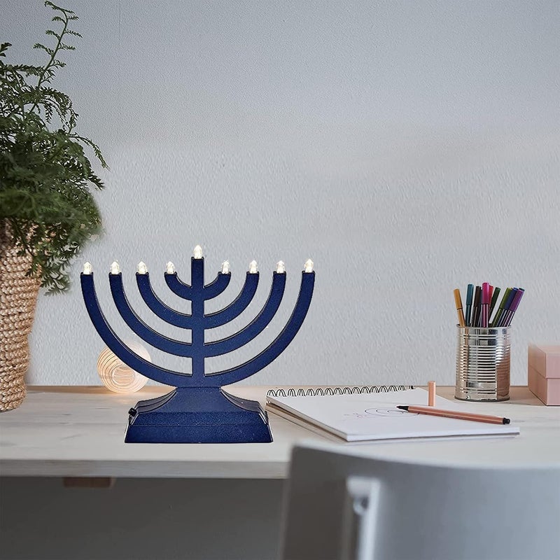 Rite Lite Go Menorah Mini Metallic Electric Menorah - LED Battery/USB Powered Chanukah Menorah Jewish Holiday - Office Car Home Decorations Judaica Hanukkah Gifts, Push Button Multi Light - Blue - Image 2