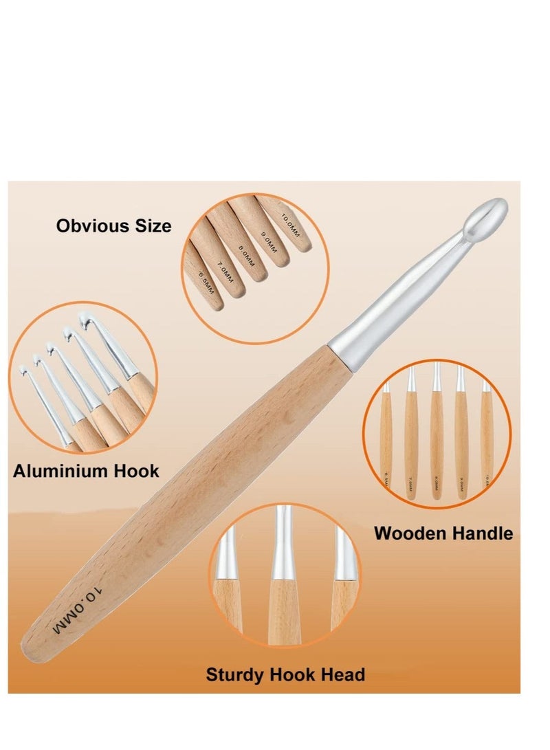 Large Crochet Hooks Set, Beech Wood Handle Crochet Hooks, for Crocheting, Ergonomic Knitting Hooks Set for Crochet Yarn Craft, Knitting Crochet Supplies (6.5mm,7.0mm,8.0mm,9.0mm,10.0mm) - Image 2