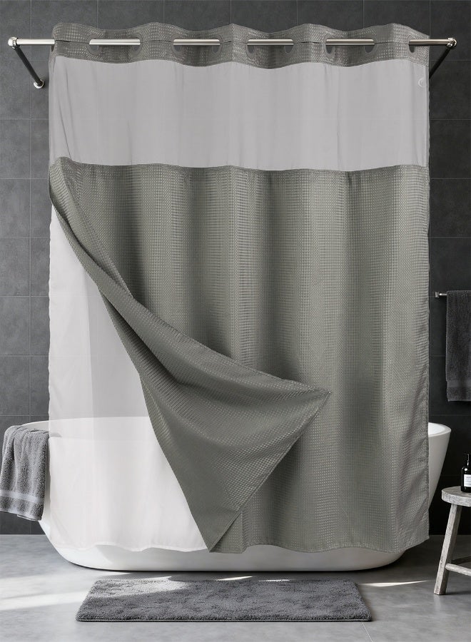 Noon East No Hook Shower Curtain with Snap in Liner Replacement - Waterproof Fabric - Waffle Pattern, 180x188cm Size - Grey - Image 1