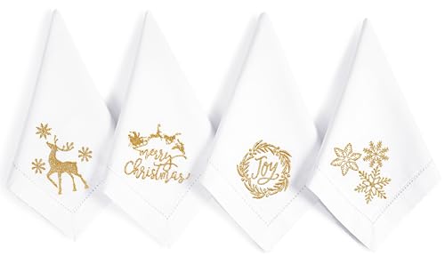 Bedding Craft Cotton Cloth Dinner Napkins Set of 12 18x18 White with Gold Embroidery Reusable Machine Washable Fabric Napkins for Weddings Parties Everyday Dining - Image 1