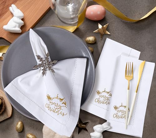 Bedding Craft Cotton Cloth Dinner Napkins Set of 12 18x18 White with Gold Embroidery Reusable Machine Washable Fabric Napkins for Weddings Parties Everyday Dining - Image 3