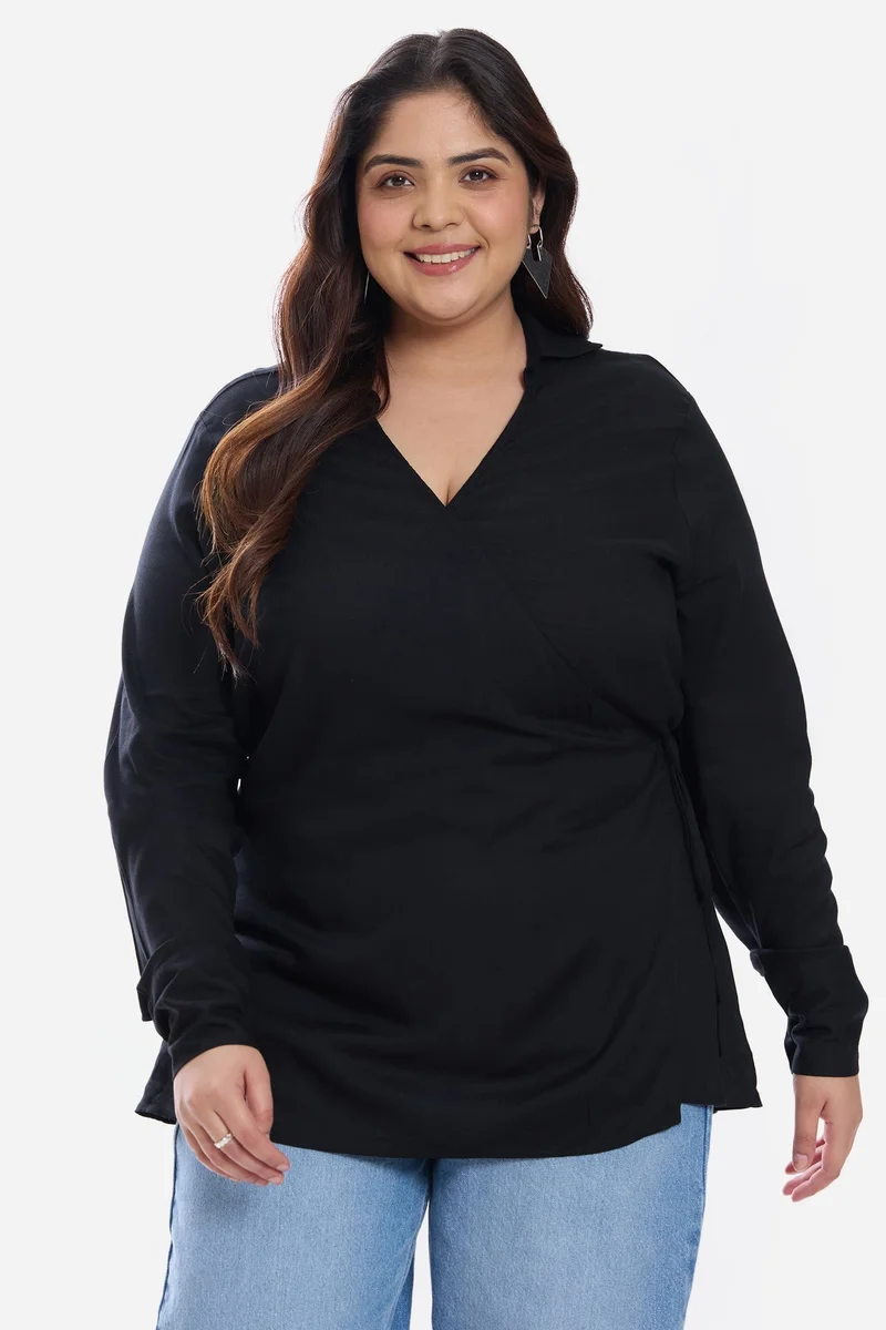 Virgio Solid Viscose Collared Tie Front Plus Size Shirt for Women