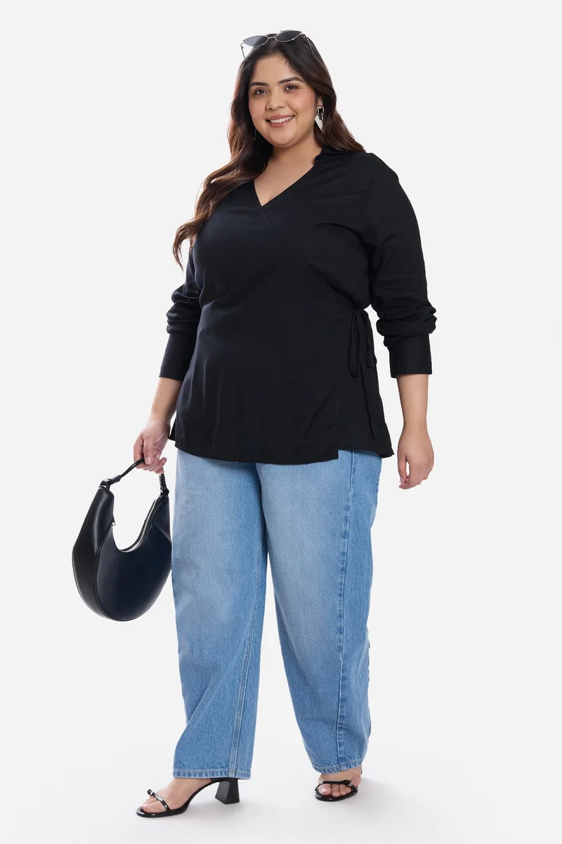 Virgio Solid Viscose Collared Tie Front Plus Size Shirt for Women